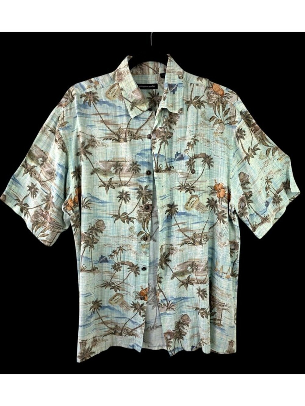 Vintage 90s Pierre Cardin Hawaiian Shirt Mens L 100% Rayon Blue Tropical Aloha